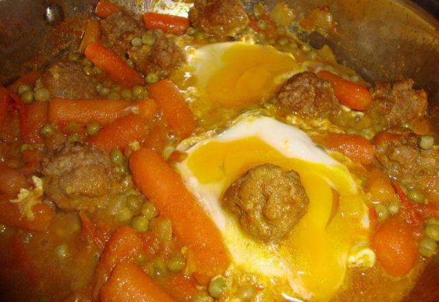 Tajine boulettes de viande, petits pois carottes