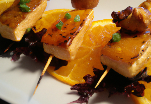 Brochettes de noix de saint-jacques au foie gras et orange