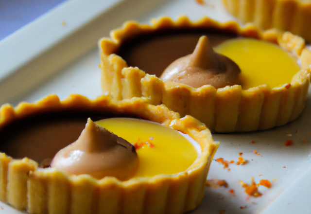 Tartelettes sablées et soufflé au chocolat, quenelles mousseuses et coulis de mangue