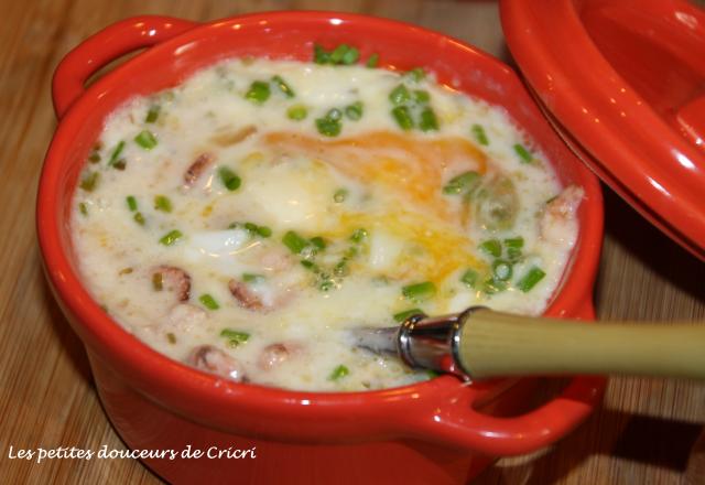 Œufs cocotte au Maroilles et aux crevettes grises