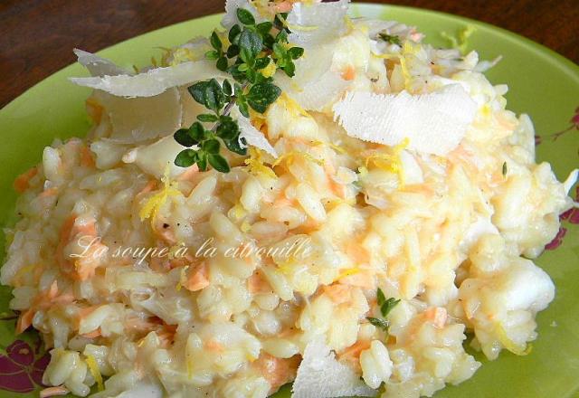 Risotto citronné au saumon et au crabe