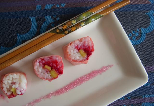 Sushi sucré framboise et pâte d'amande