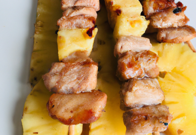 Brochette de porc, ananas, pomme