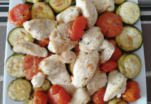 Blancs de poulet, tomates grillées et courgettes marinées