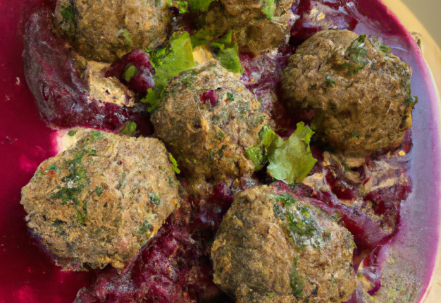 Boulettes de bœuf au hareng, sauce au fenouil confit et betteraves marinées