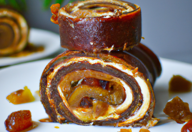 Gâteau roulé au caramel de fruits secs au chocolat et poudre de nougatine