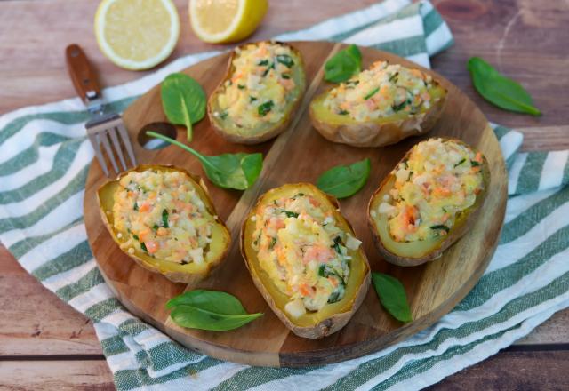 Pommes de terre farcies au saumon et épinards