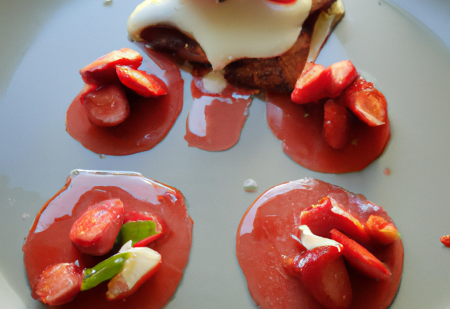 Ensoleillée de fraises à la croque en sucre une goutte de vin rouge de sauge sa crème glacée de brousse de mon chevrier