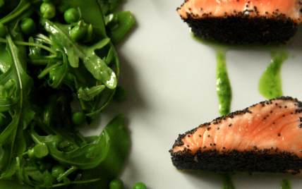 Saumon mi-cuit en croûte de pavot, salade très verte parfumée au wasabi