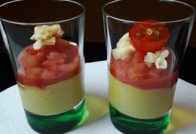 Verrine apéritive à la fondue de Tomates de France et mousse de Concombre de France