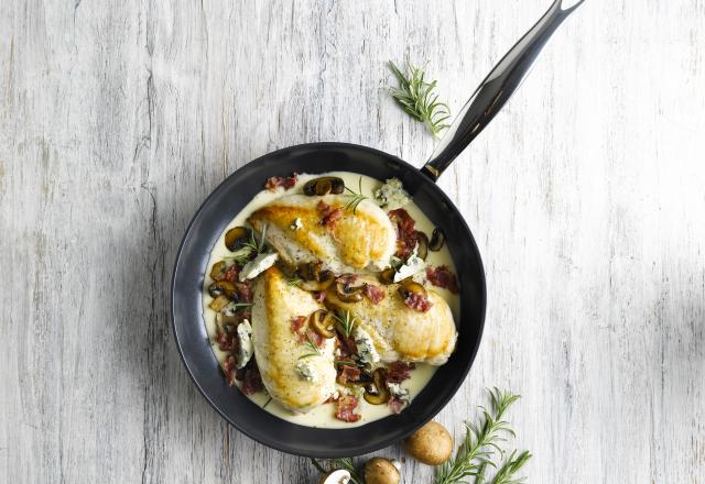 Filets de dinde à la sauce crémeuse à la pancetta et aux champignons