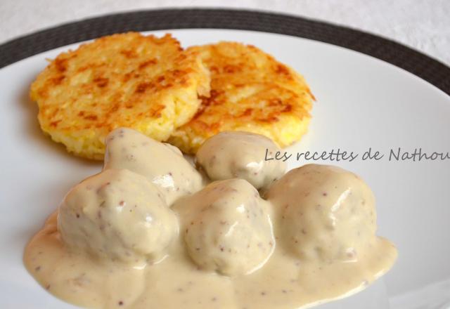 Boulettes aux oignons, sauce moutarde et balsamique et galettes de riz à la mozzarella