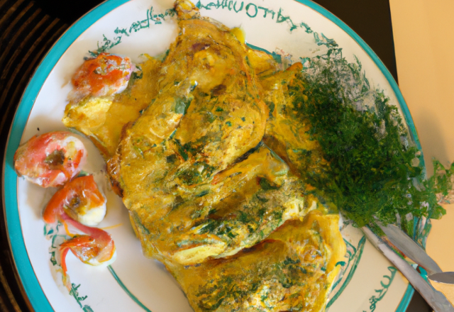 Filets d'omelette farcie aux gambas et au fenouil.