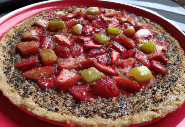 Tarte à la rhubarbe, fraise et sésame noir