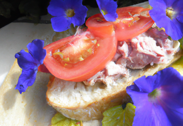 Tartine de thon et tomates et fleurs du jardin