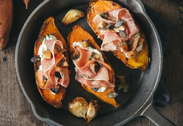 Patates douces rôties au jambon cru Aoste et champignons