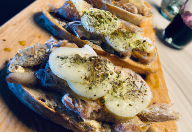 Tartines gratinées de brandade de maquereau au vin blanc.