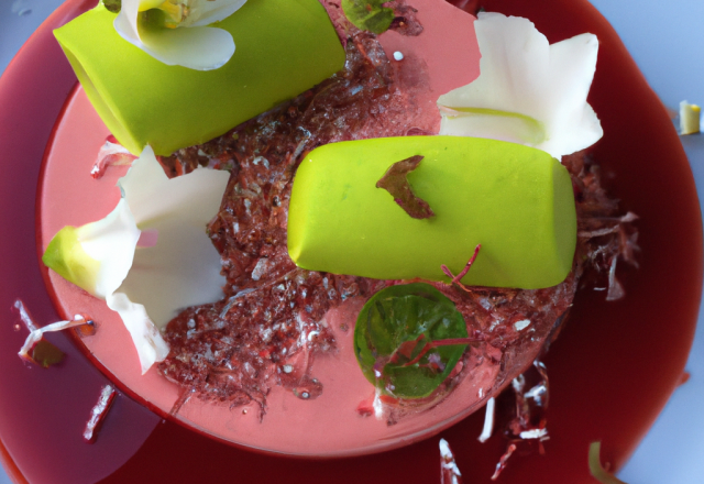 Crème au chocolat blanc, mousse citron vert et gelée d'hibiscus