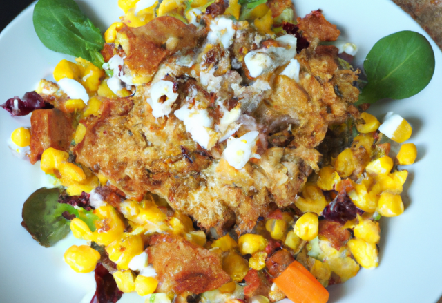 Croustillant de poulet aux légumes et comté, panées au corn flakes