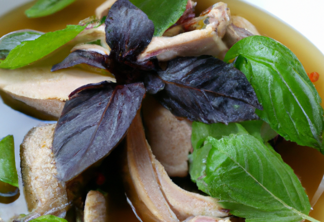 Bouillon de canard et foie gras combawa au basilic thai