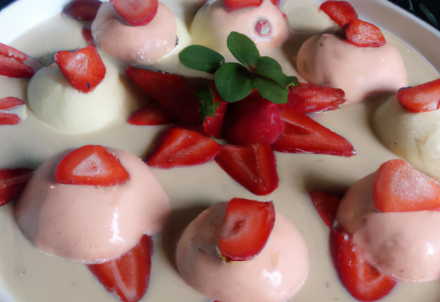 Quenelles de chocolat blanc tropical sur soupe de fraises