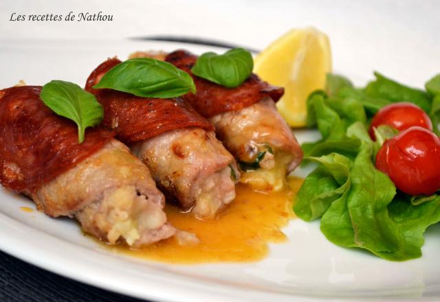 Involtini de veau et chorizo aux pommes de terre et basilic, sauce citronnée