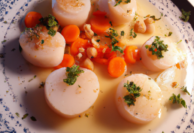 Nage de coquilles Saint-Jacques au jus de carotte et aux deux coriandres