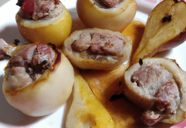 Petits farcis de Chéri aux poires pochées et fourme d'Ambert