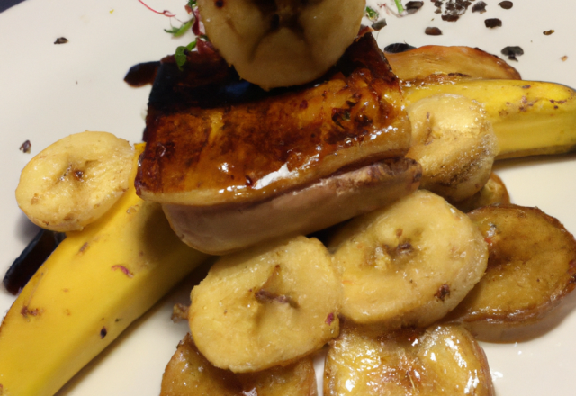 Foie gras poêlé,  pommes et bananes flambées au vieux genièvre