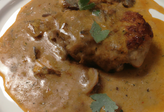 Crépine de veau au Comté, émiettée de morilles et jus de curry