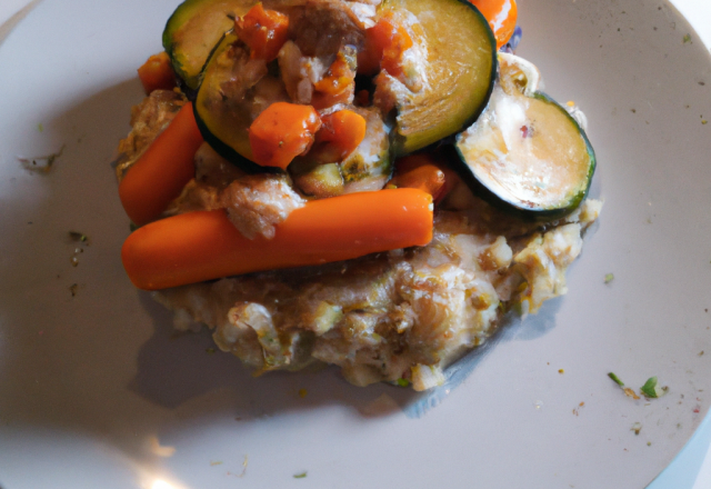 Risotto au poulet sur un lit de courgette et carotte