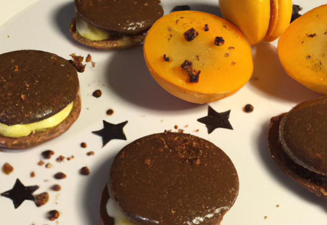 Macarons au chocolat à l'orange confite accompagnés de sa mousse chocolat blanc à la pistache et aux poires.