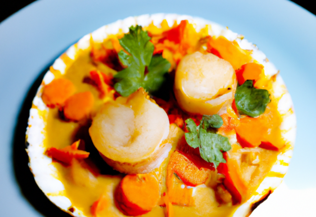 Coquille Saint-Jacques dans sa coquille, huile de curry et carottes fondantes