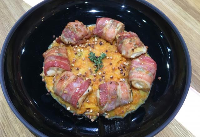 Petites bouchées de poulet fumé, douceur de carottes au lait l’amande