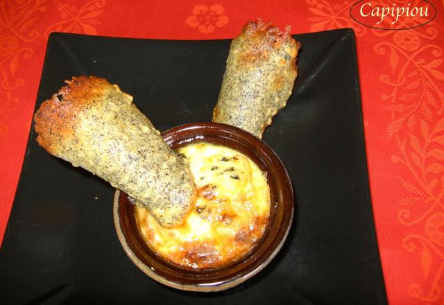 Flan de poireau à la fourme, tuiles aux lentilles vertes du Puy et à la fourme d'Ambert