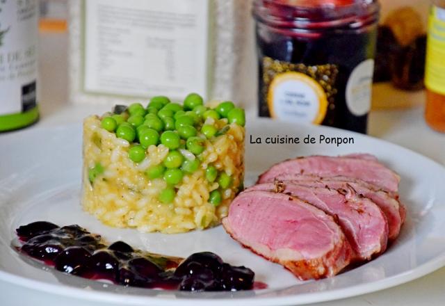 Magret de canard cuit à basse température et risotto aux petits pois