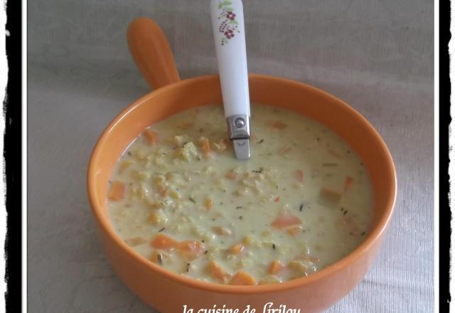 Soupe de maïs aux blancs de poulet et au poivron