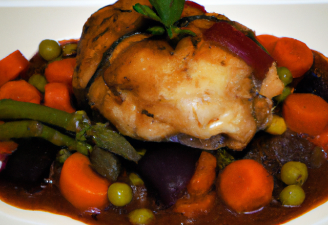 Chapon aux légumes et vin rouge