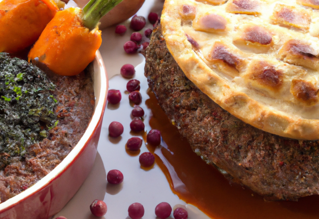 Suprêmes de Pintade Fermière d'auvergne Label Rouge rôtis en croûte de Fourme d'Ambert, lentilles vertes du Puy confites au vin rouge de Saint-Pourçain