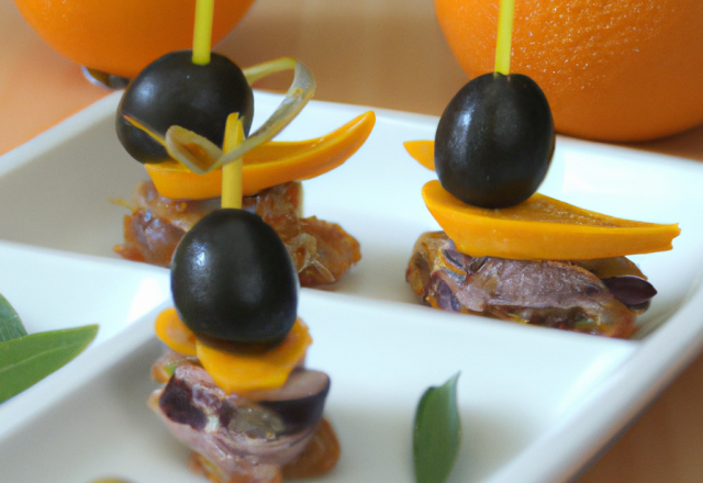 Canapé olives, canard et orange