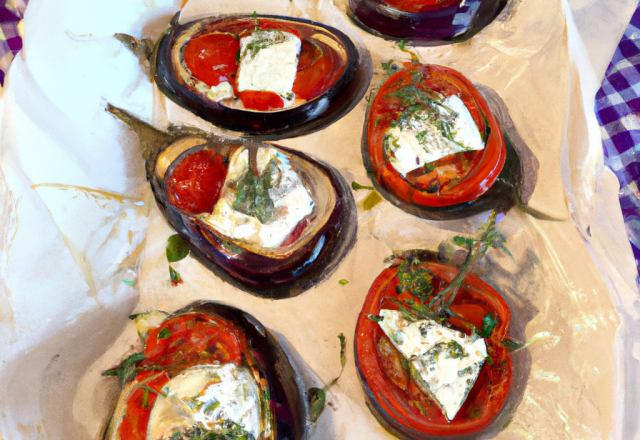 Papillote d'aubergine, tomate, chèvre, miel et thym