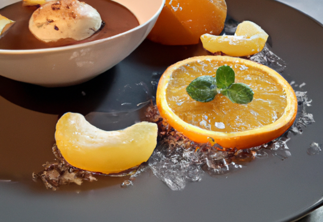 Soupe de clémentine, sa gelée d'orange mentholée et son sorbet cacao