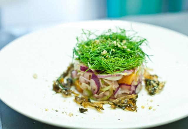 Les Fenouils du Jardin en fine julienne aux oranges confites, les fanes en salade et les tiges en chutney