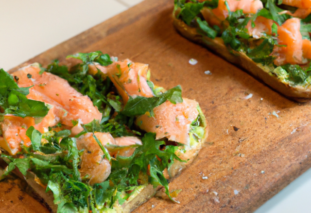 Bruschetta de saumon au pesto de roquette et origan frais