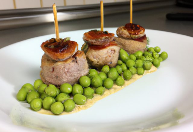 Ris de veau en brochette de réglisse, crème de petits pois