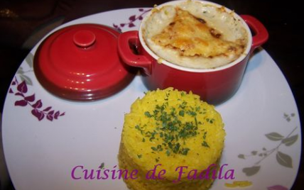 Mini cocotte de crevettes et poireaux et riz au safran