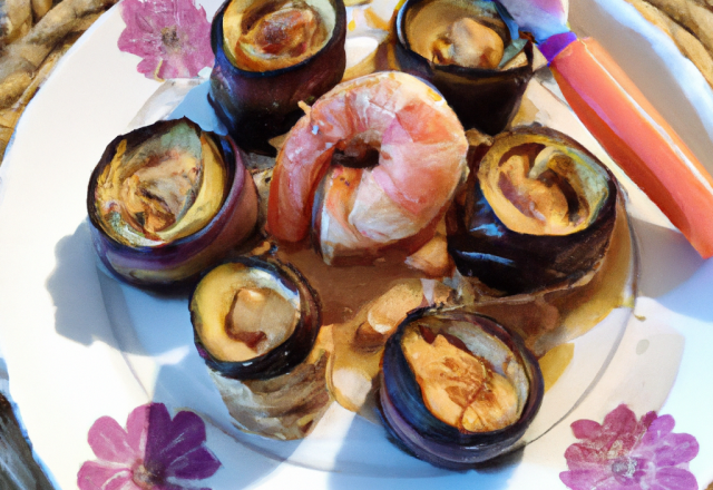 Rouleau d'aubergine au saumon et gambas