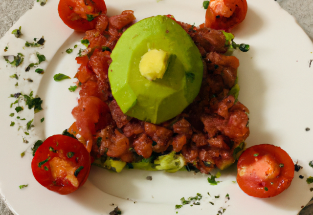 Tartare de tomate, avocat et sa chiffanade de seranno