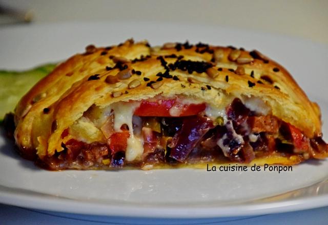 Feuilleté tressé oignon poivron et chorizo