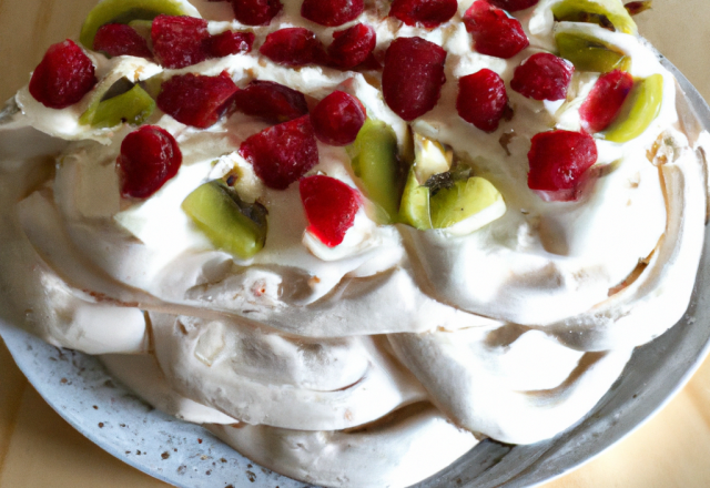 Pavlova aux framboises et kiwis